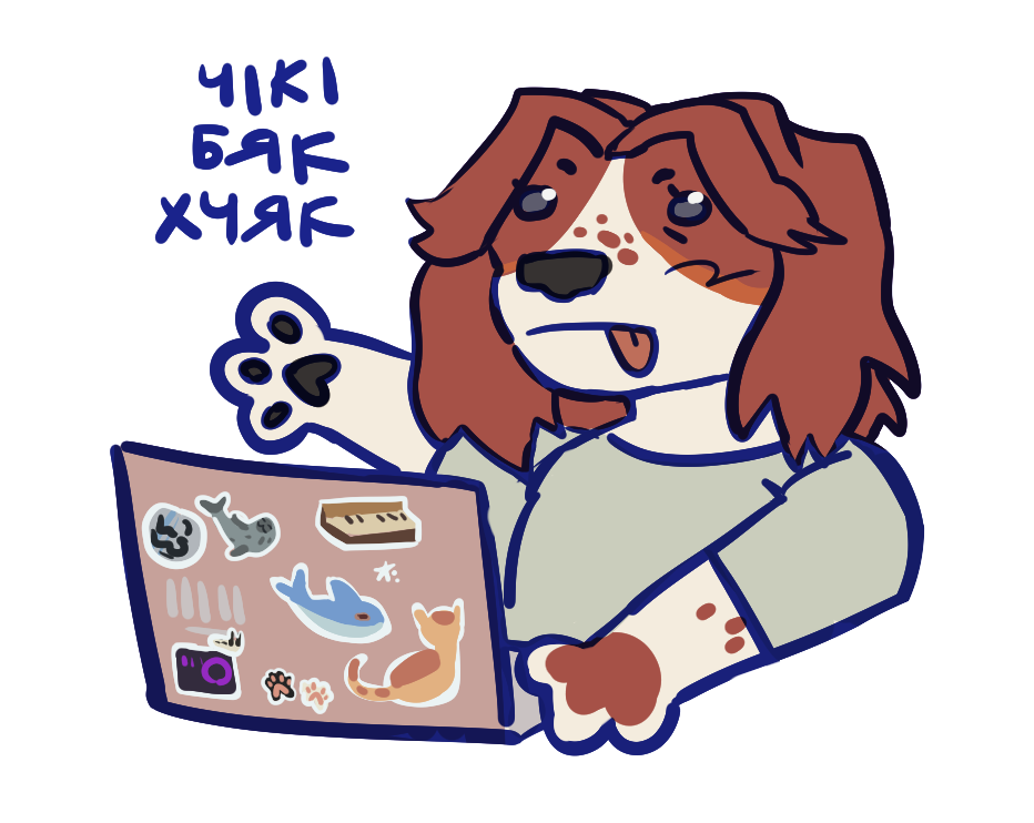 simplified drawing of an anthro spaniel working with a laptop, covered in stickers